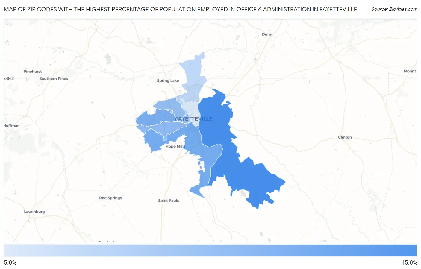 Zip Codes with the Highest Percentage of Population Employed in Office & Administration in Fayetteville Map