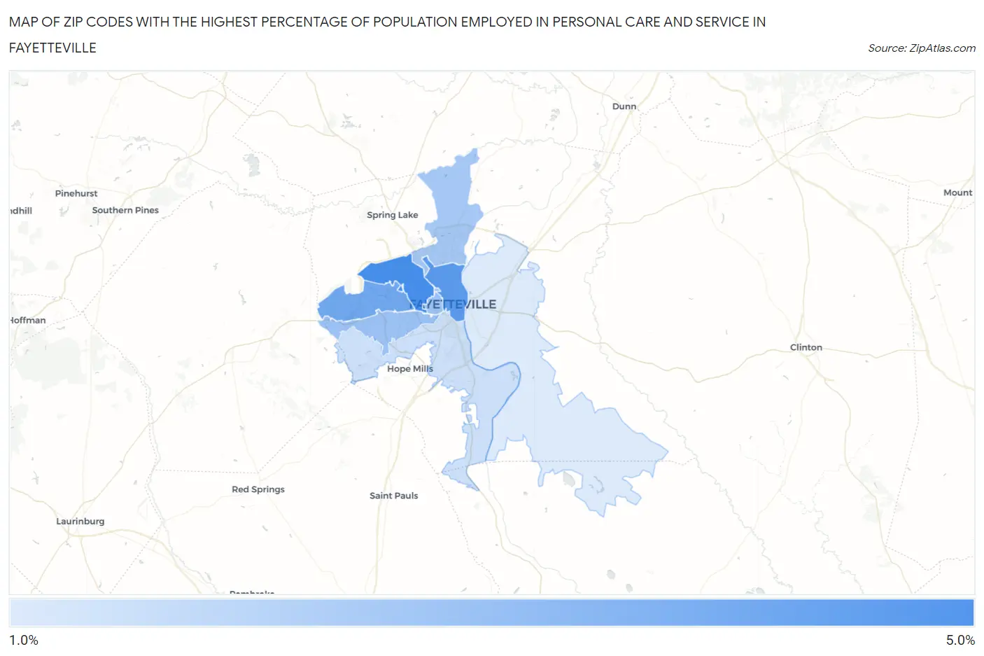 Zip Codes with the Highest Percentage of Population Employed in Personal Care and Service in Fayetteville Map