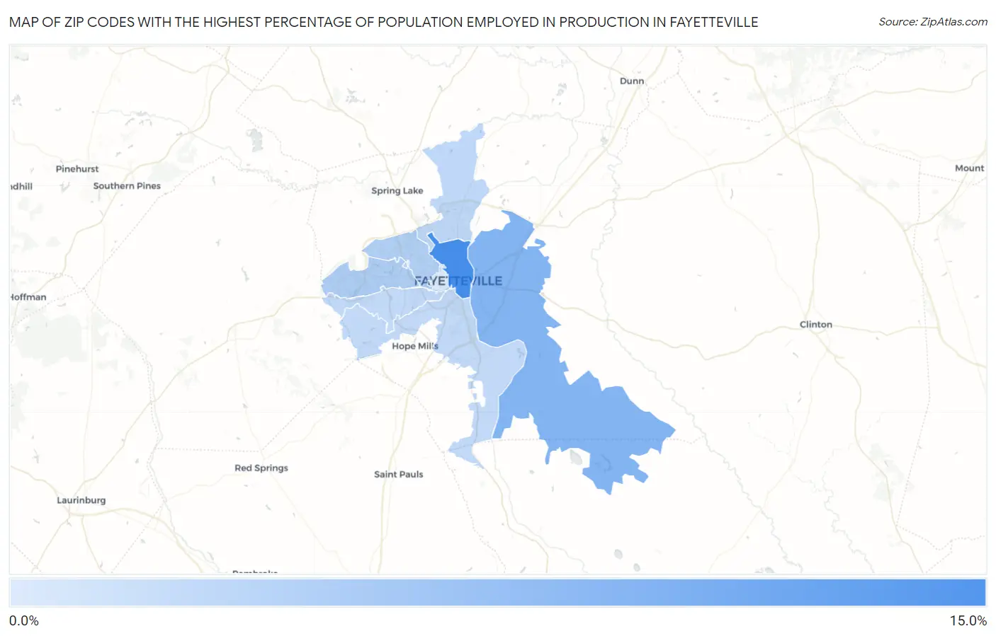 Zip Codes with the Highest Percentage of Population Employed in Production in Fayetteville Map