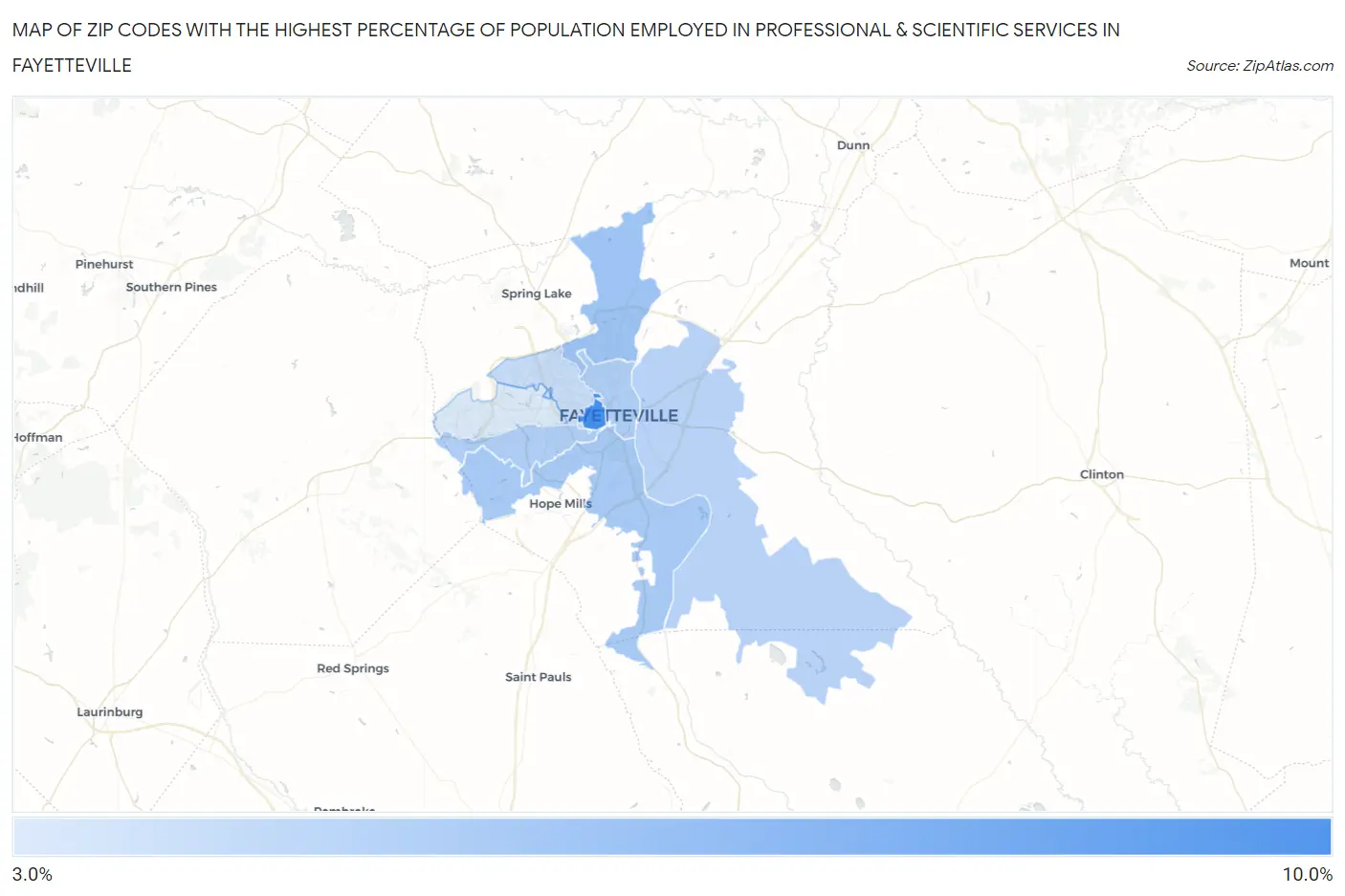 Zip Codes with the Highest Percentage of Population Employed in Professional & Scientific Services in Fayetteville Map