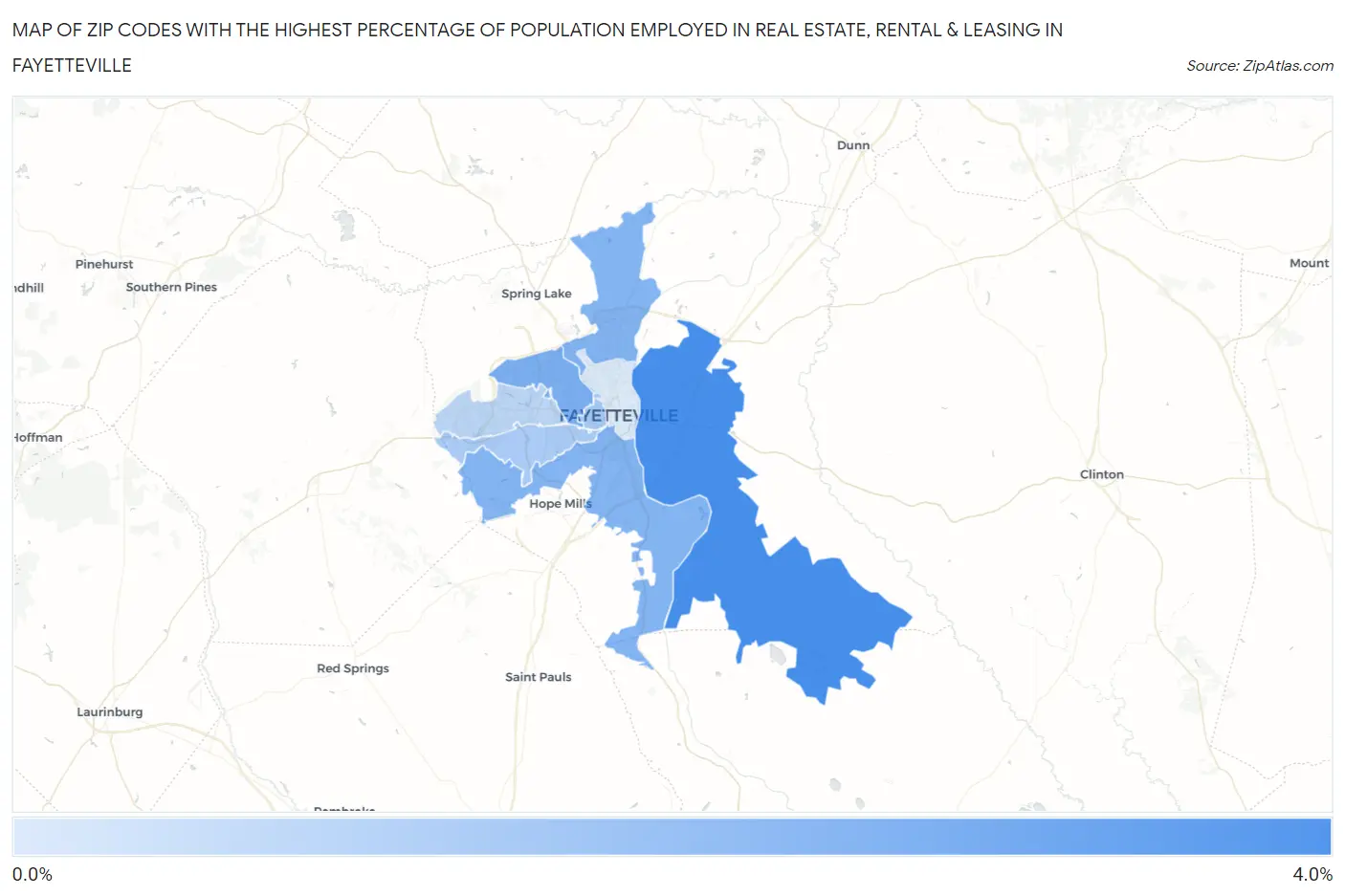 Zip Codes with the Highest Percentage of Population Employed in Real Estate, Rental & Leasing in Fayetteville Map