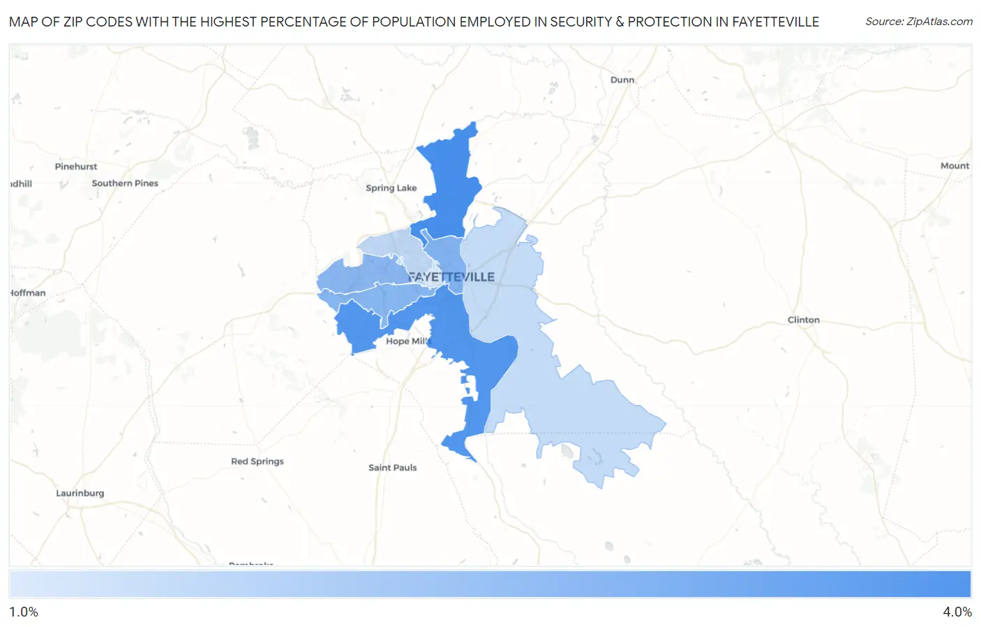 Zip Codes with the Highest Percentage of Population Employed in Security & Protection in Fayetteville Map