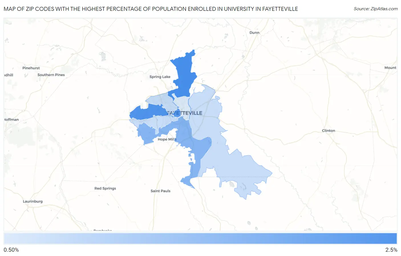 Zip Codes with the Highest Percentage of Population Enrolled in University in Fayetteville Map