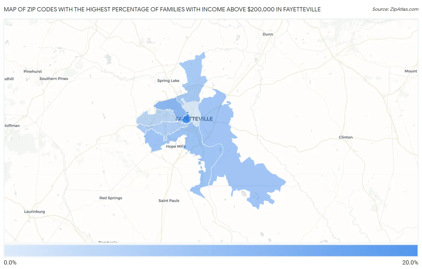 Zip Codes with the Highest Percentage of Families with Income Above $200,000 in Fayetteville Map
