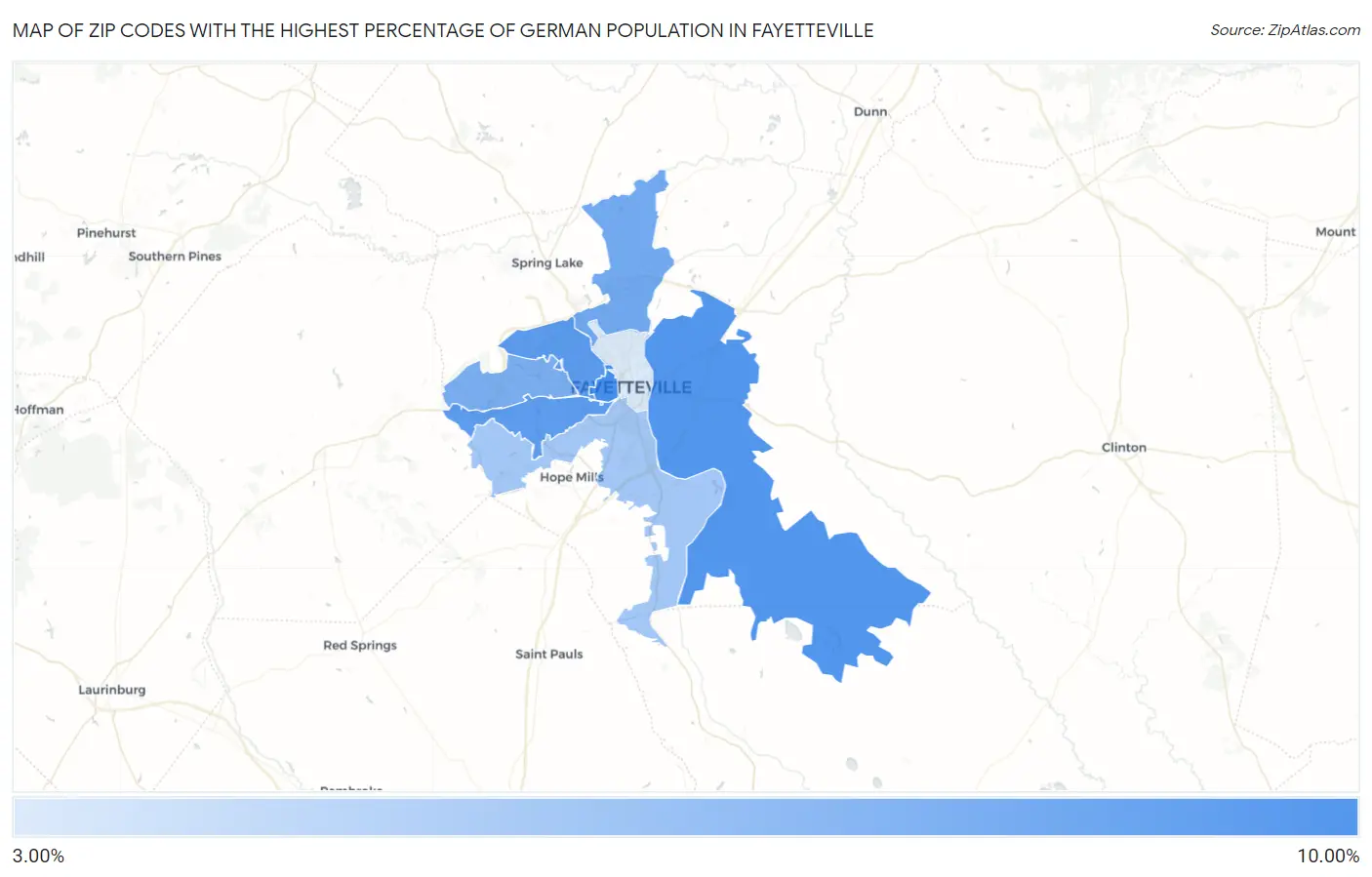 Zip Codes with the Highest Percentage of German Population in Fayetteville Map