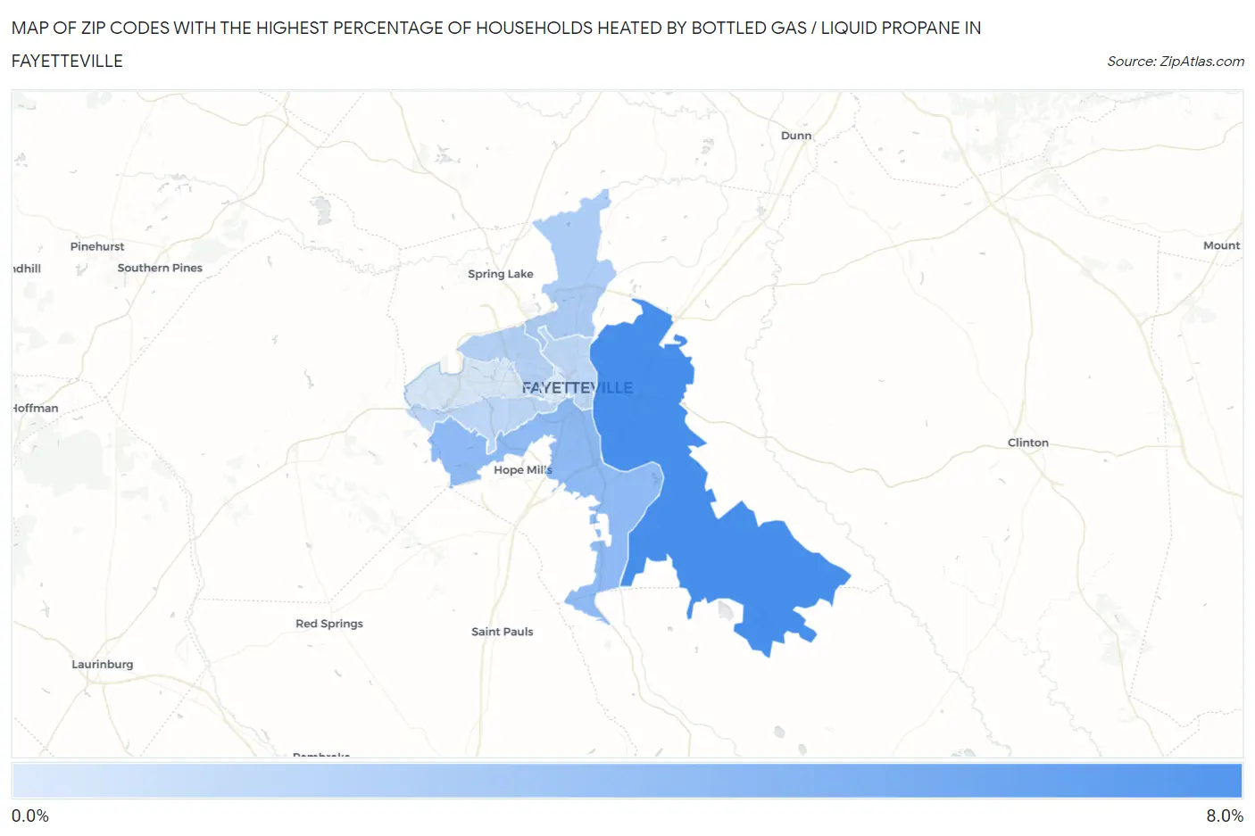 Zip Codes with the Highest Percentage of Households Heated by Bottled Gas / Liquid Propane in Fayetteville Map