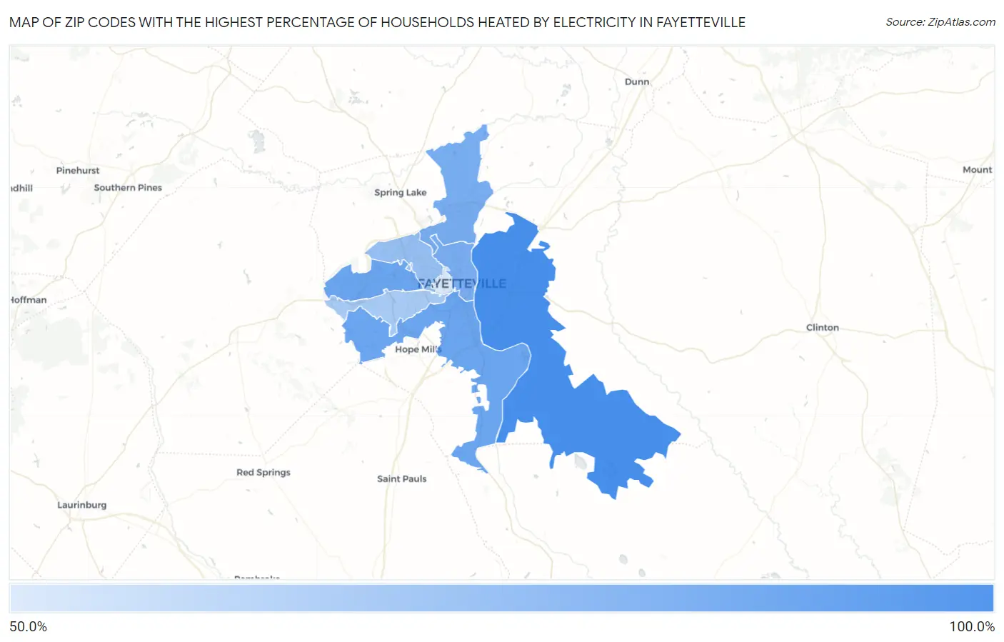 Zip Codes with the Highest Percentage of Households Heated by Electricity in Fayetteville Map
