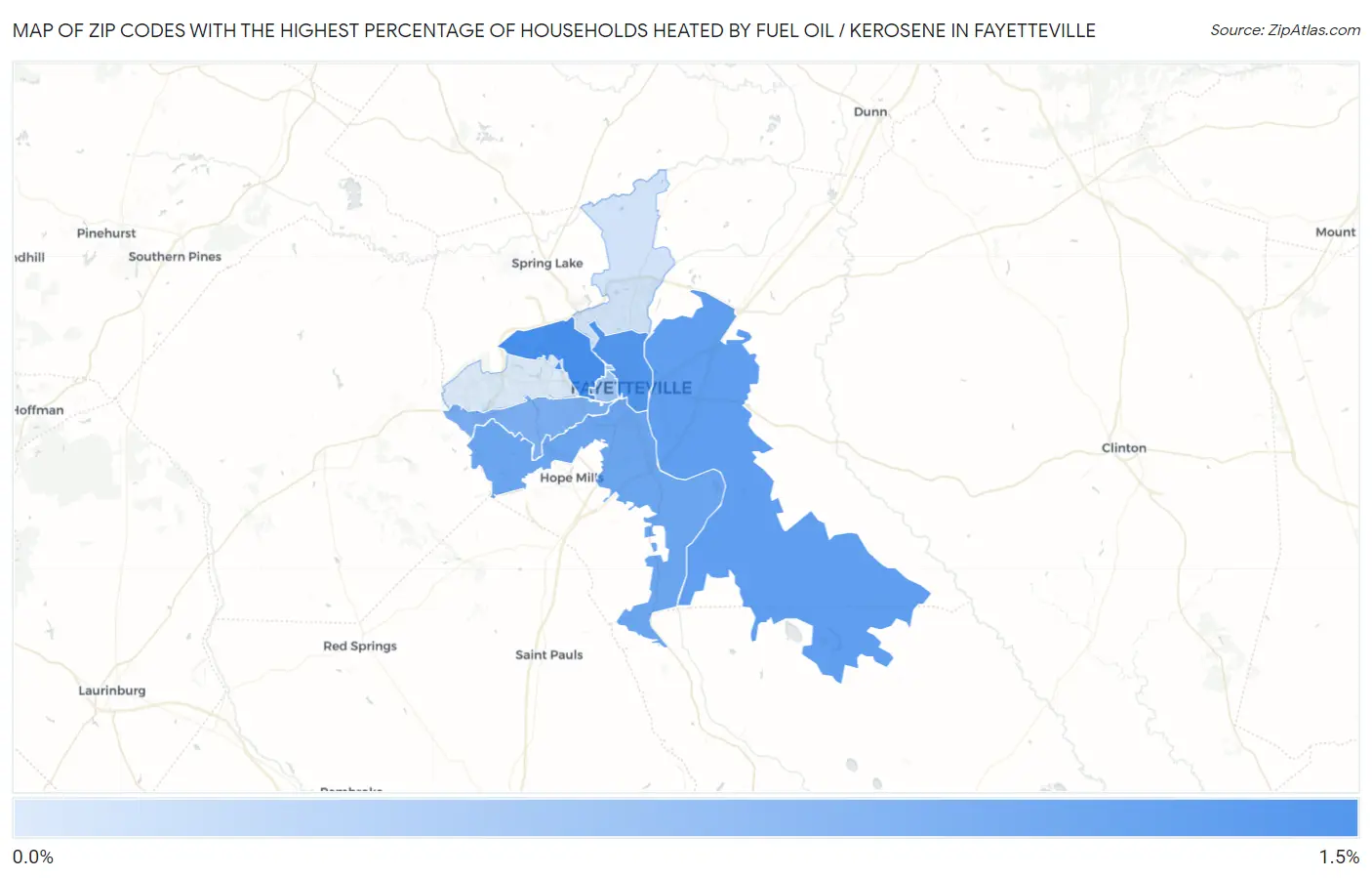 Zip Codes with the Highest Percentage of Households Heated by Fuel Oil / Kerosene in Fayetteville Map