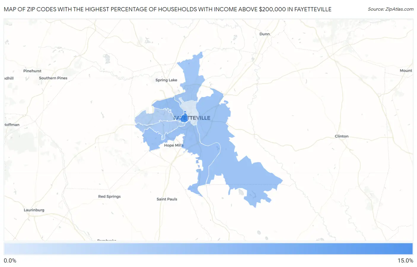 Zip Codes with the Highest Percentage of Households with Income Above $200,000 in Fayetteville Map