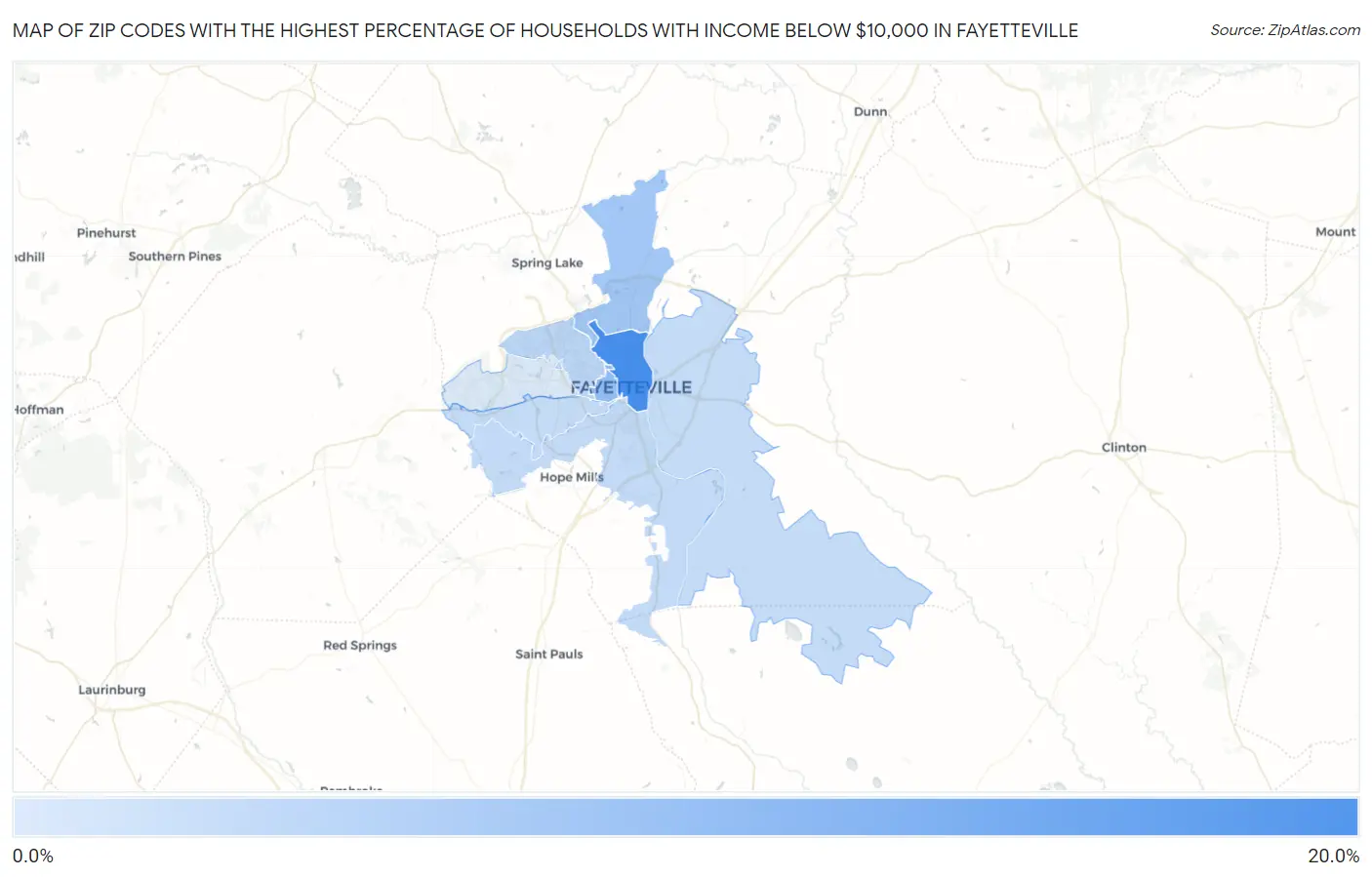 Zip Codes with the Highest Percentage of Households with Income Below $10,000 in Fayetteville Map