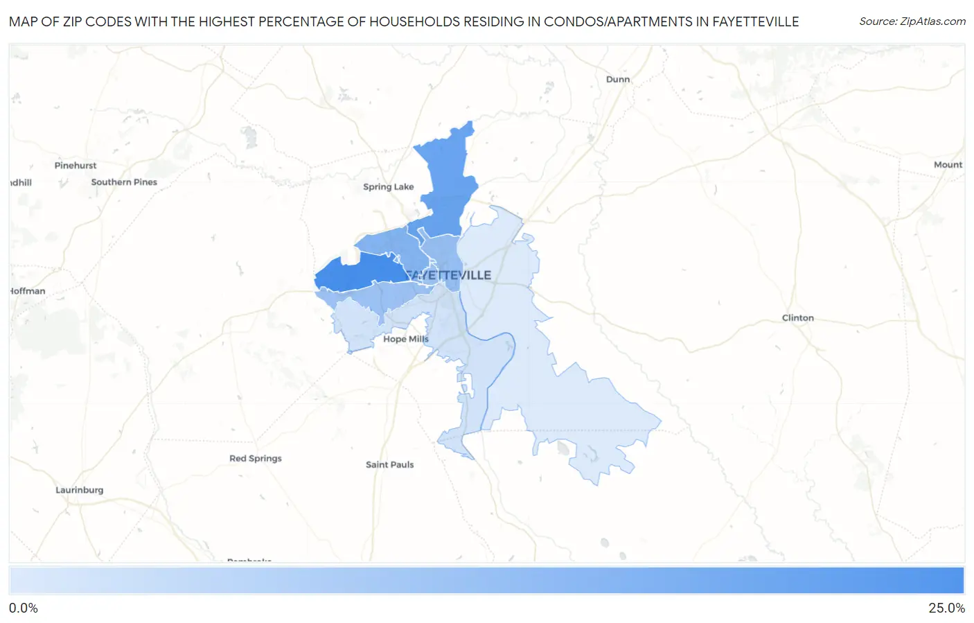 Zip Codes with the Highest Percentage of Households Residing in Condos/Apartments in Fayetteville Map