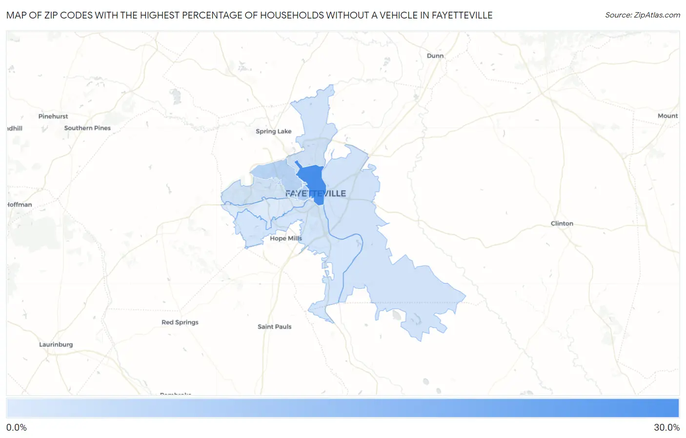Zip Codes with the Highest Percentage of Households Without a Vehicle in Fayetteville Map