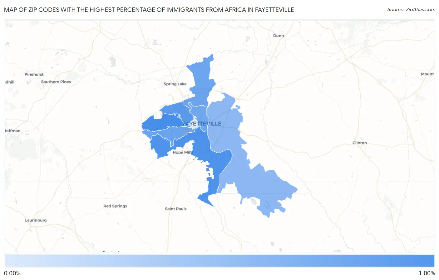 Zip Codes with the Highest Percentage of Immigrants from Africa in Fayetteville Map
