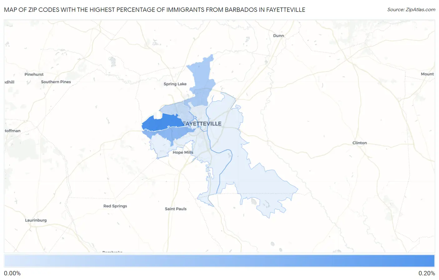 Zip Codes with the Highest Percentage of Immigrants from Barbados in Fayetteville Map