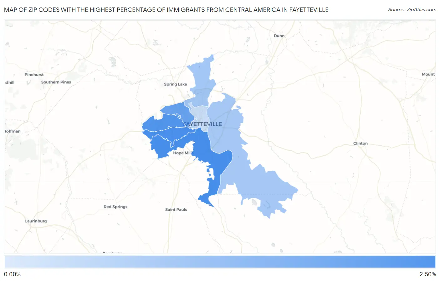 Zip Codes with the Highest Percentage of Immigrants from Central America in Fayetteville Map