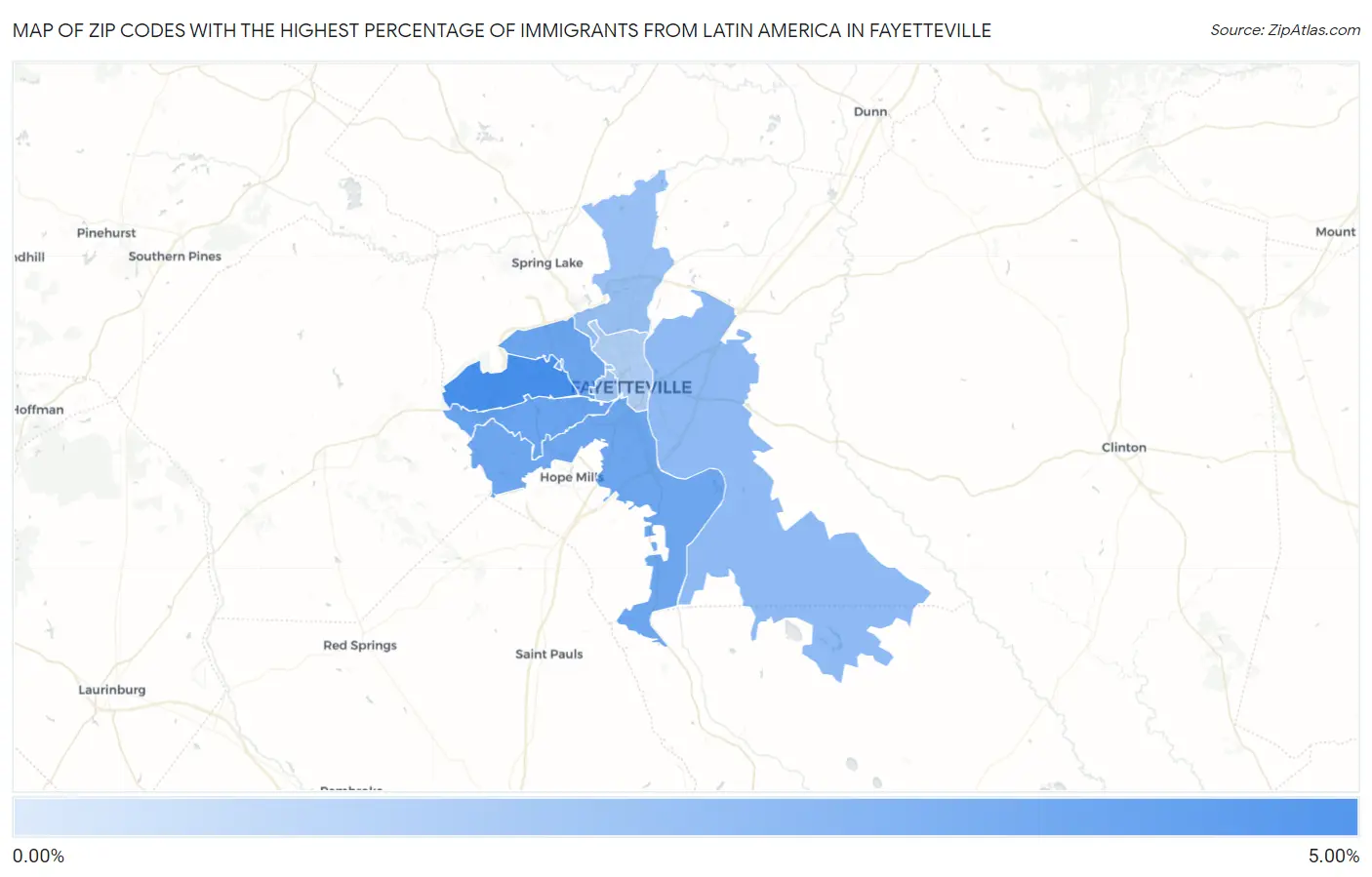 Zip Codes with the Highest Percentage of Immigrants from Latin America in Fayetteville Map