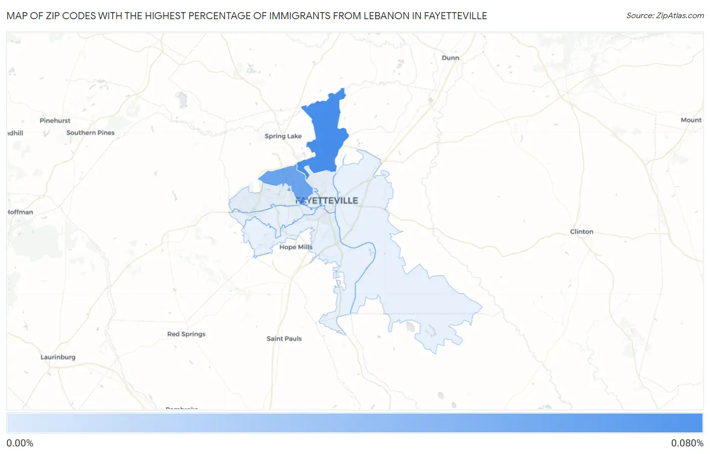 Zip Codes with the Highest Percentage of Immigrants from Lebanon in Fayetteville Map