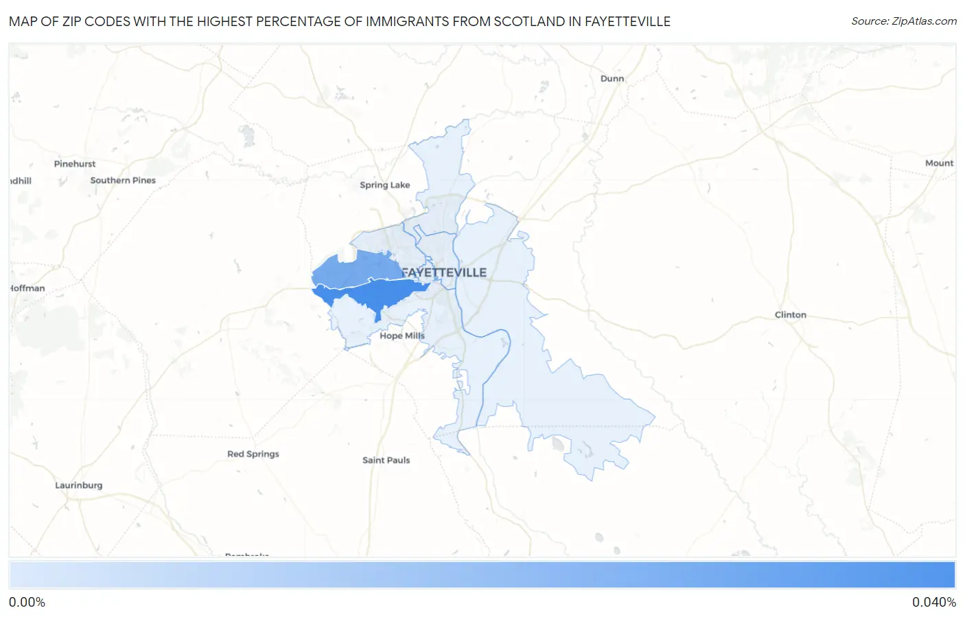 Zip Codes with the Highest Percentage of Immigrants from Scotland in Fayetteville Map