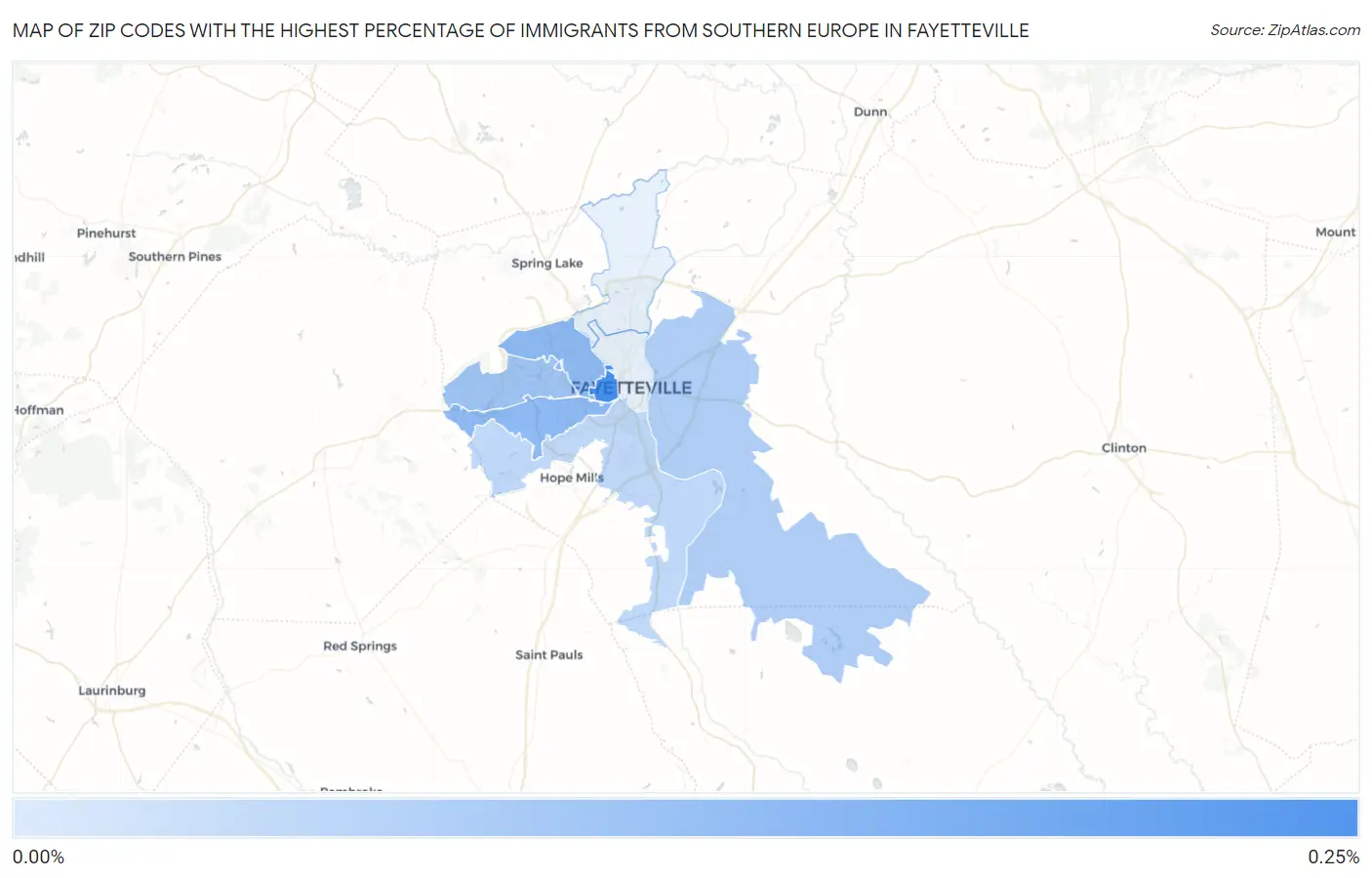 Zip Codes with the Highest Percentage of Immigrants from Southern Europe in Fayetteville Map
