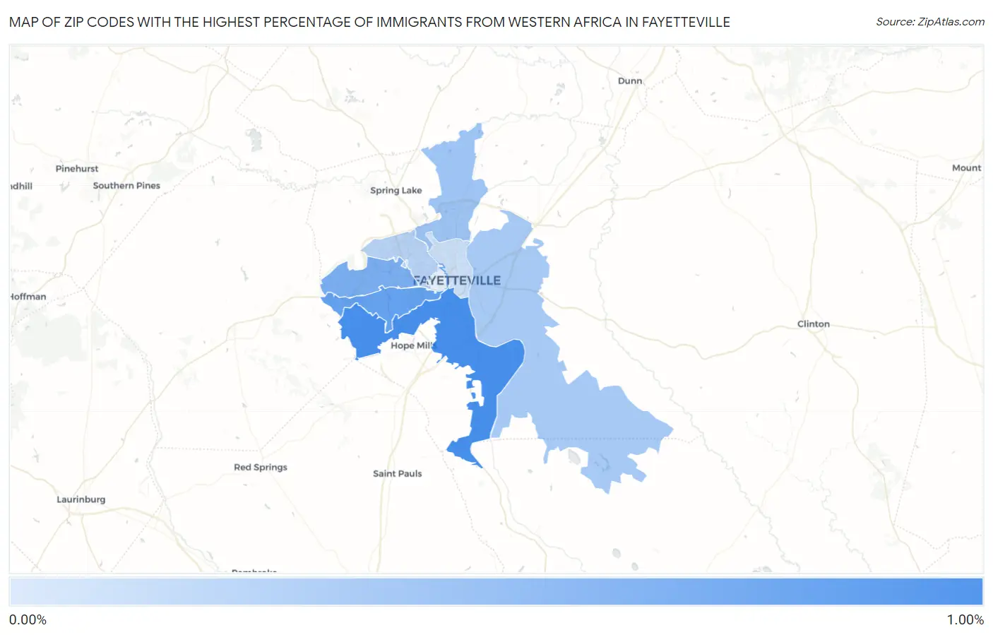 Zip Codes with the Highest Percentage of Immigrants from Western Africa in Fayetteville Map