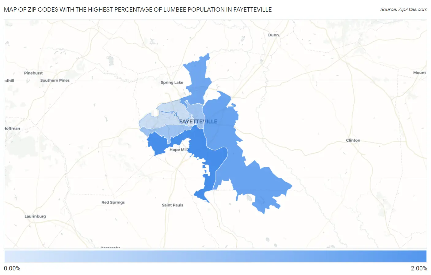Zip Codes with the Highest Percentage of Lumbee Population in Fayetteville Map