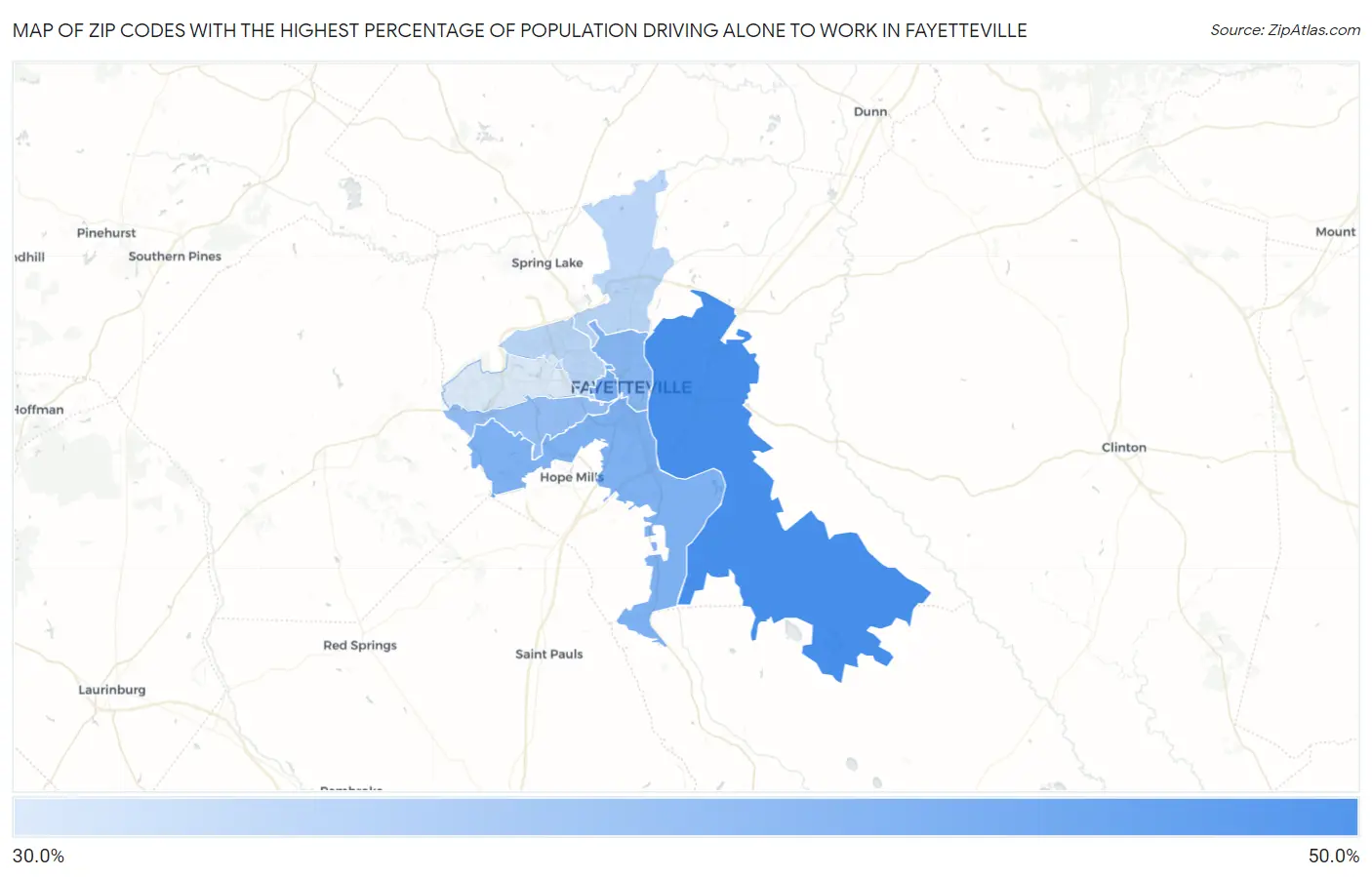 Zip Codes with the Highest Percentage of Population Driving Alone to Work in Fayetteville Map