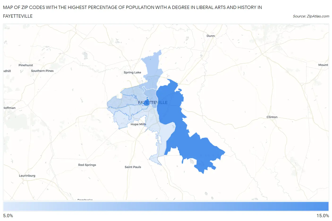 Zip Codes with the Highest Percentage of Population with a Degree in Liberal Arts and History in Fayetteville Map