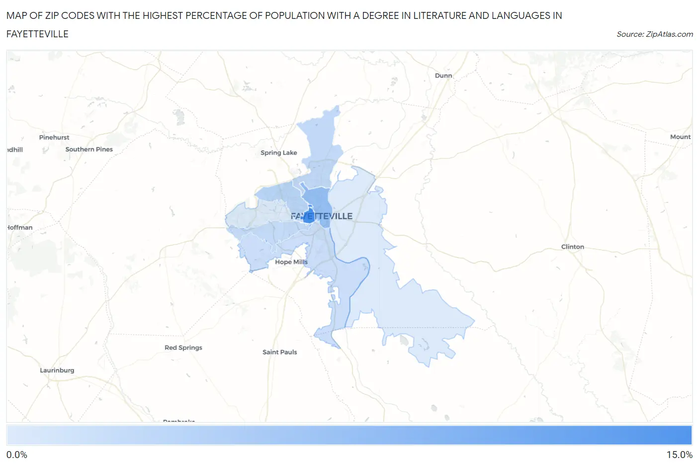 Zip Codes with the Highest Percentage of Population with a Degree in Literature and Languages in Fayetteville Map