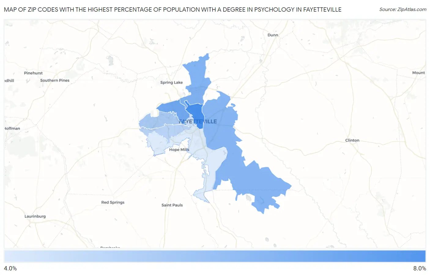 Zip Codes with the Highest Percentage of Population with a Degree in Psychology in Fayetteville Map