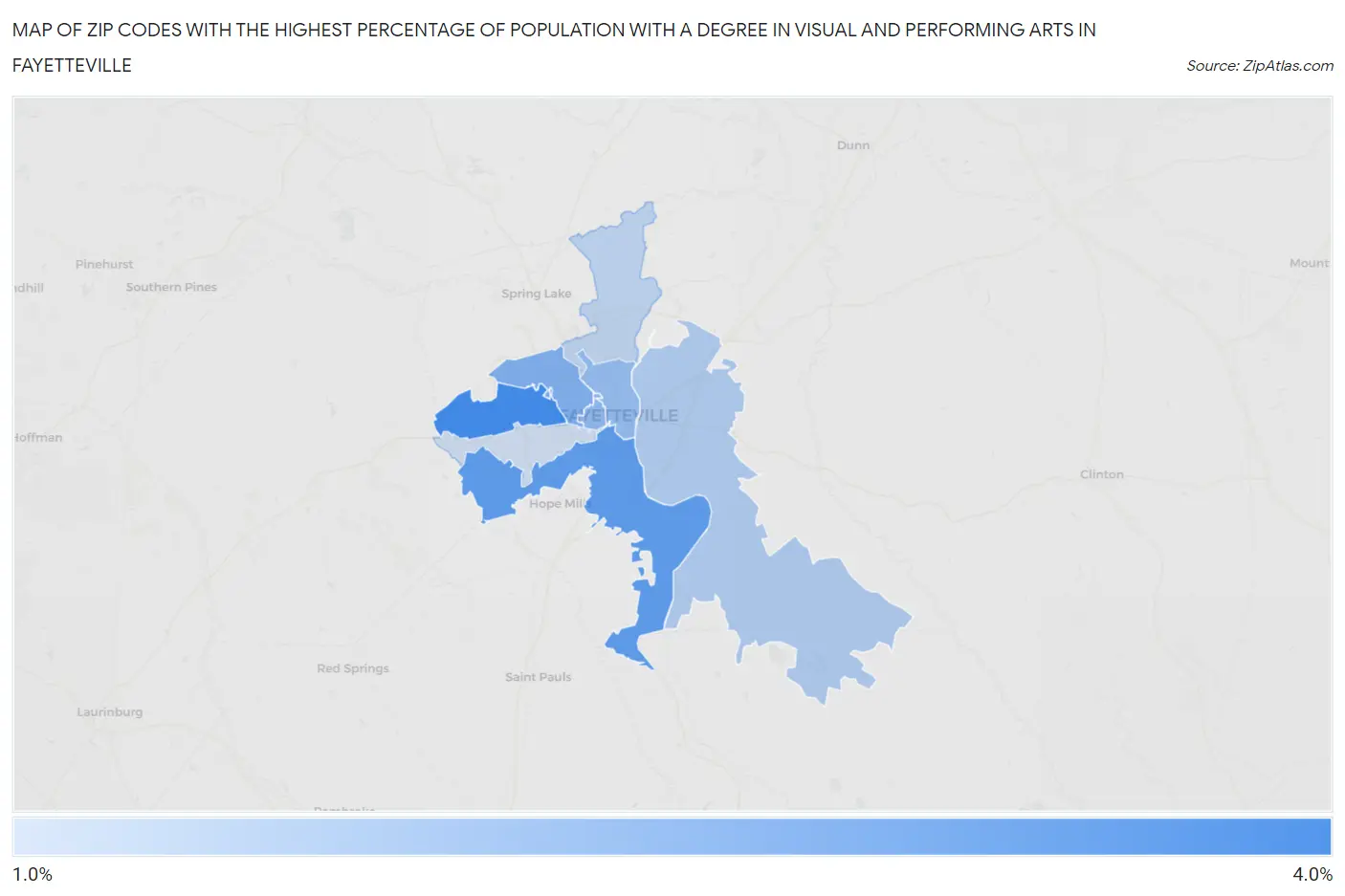 Zip Codes with the Highest Percentage of Population with a Degree in Visual and Performing Arts in Fayetteville Map