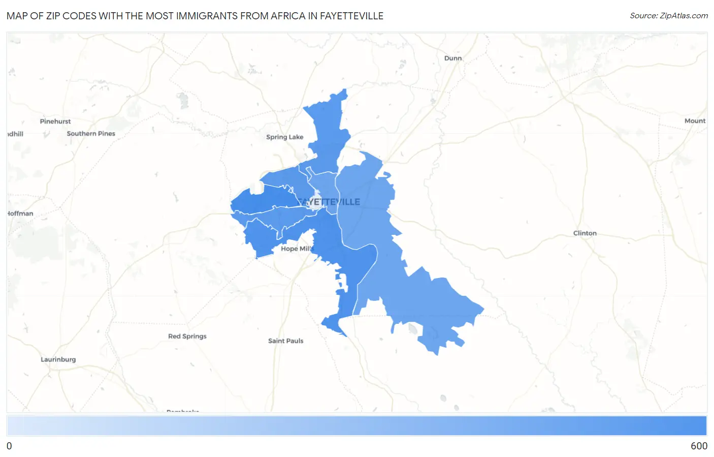 Zip Codes with the Most Immigrants from Africa in Fayetteville Map
