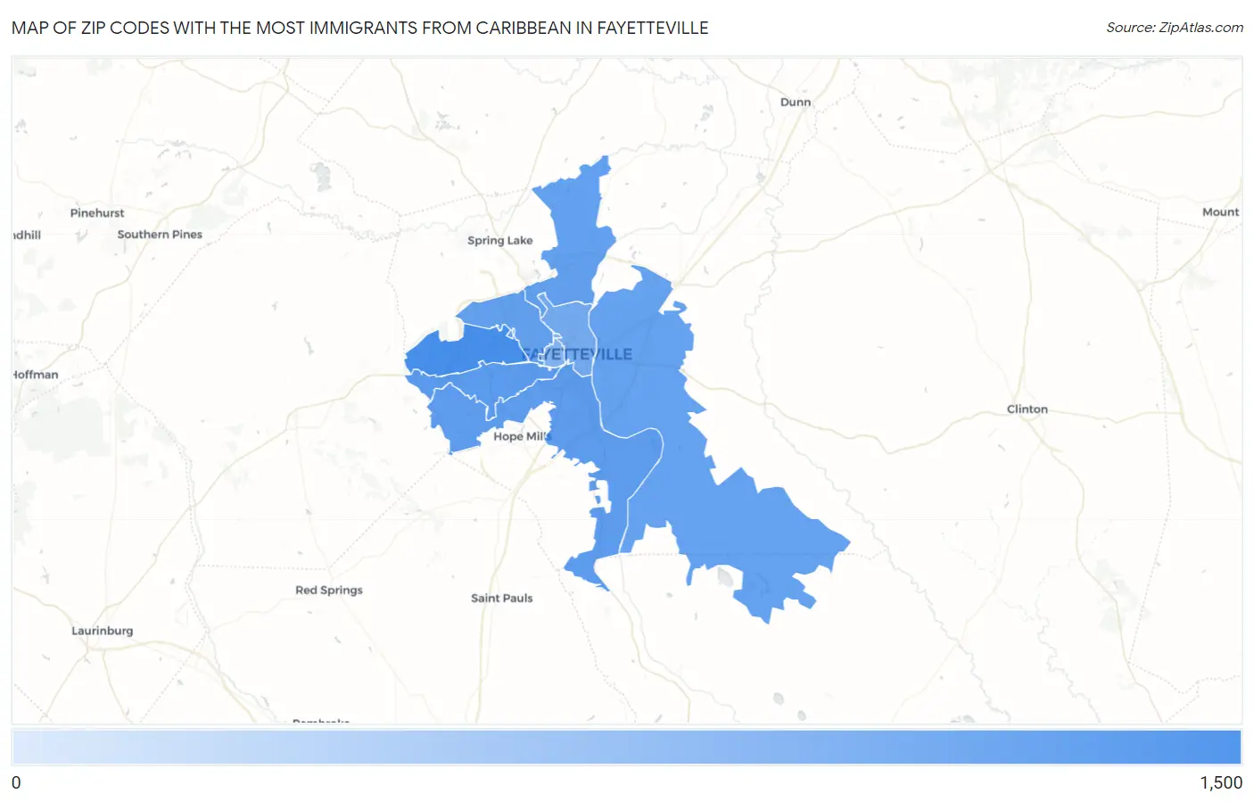 Zip Codes with the Most Immigrants from Caribbean in Fayetteville Map