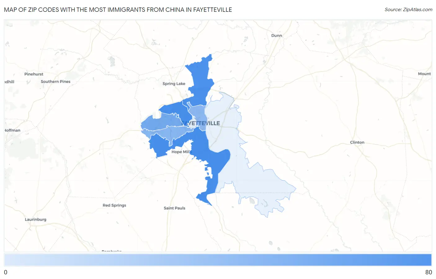 Zip Codes with the Most Immigrants from China in Fayetteville Map