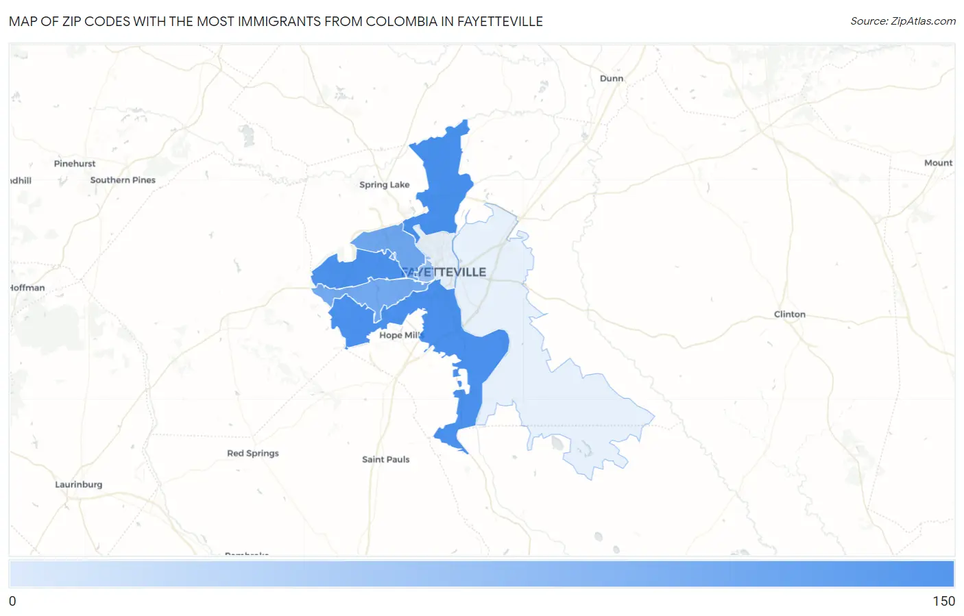 Zip Codes with the Most Immigrants from Colombia in Fayetteville Map
