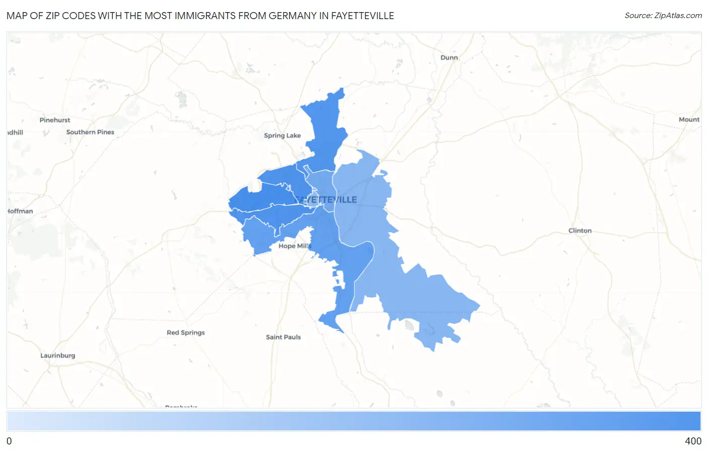 Zip Codes with the Most Immigrants from Germany in Fayetteville Map