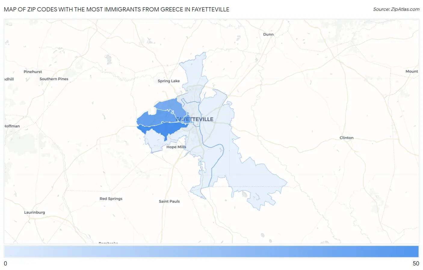 Zip Codes with the Most Immigrants from Greece in Fayetteville Map