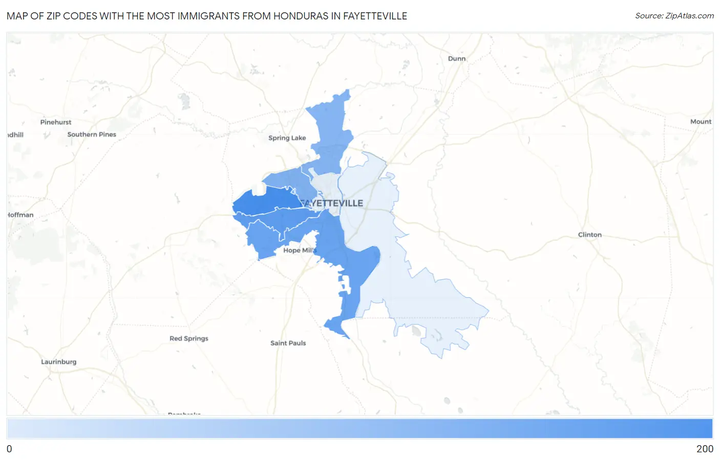 Zip Codes with the Most Immigrants from Honduras in Fayetteville Map