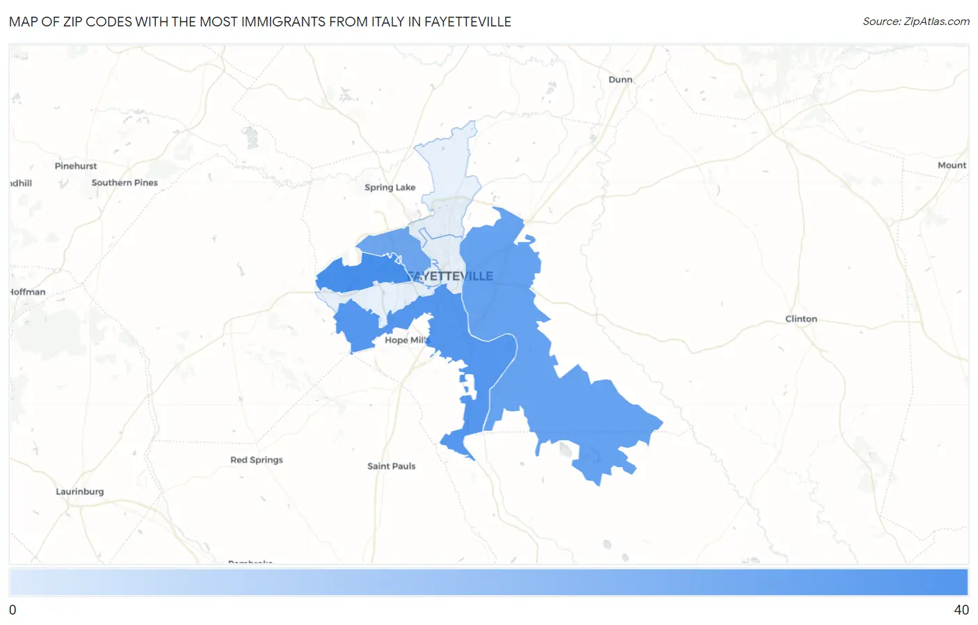 Zip Codes with the Most Immigrants from Italy in Fayetteville Map