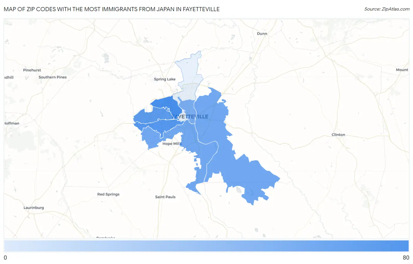 Zip Codes with the Most Immigrants from Japan in Fayetteville Map