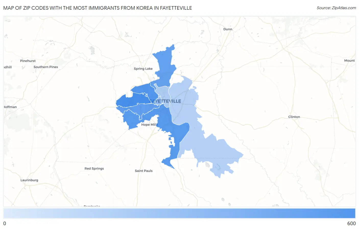 Zip Codes with the Most Immigrants from Korea in Fayetteville Map