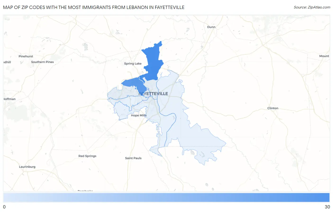 Zip Codes with the Most Immigrants from Lebanon in Fayetteville Map