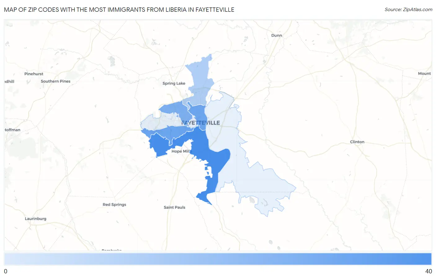 Zip Codes with the Most Immigrants from Liberia in Fayetteville Map