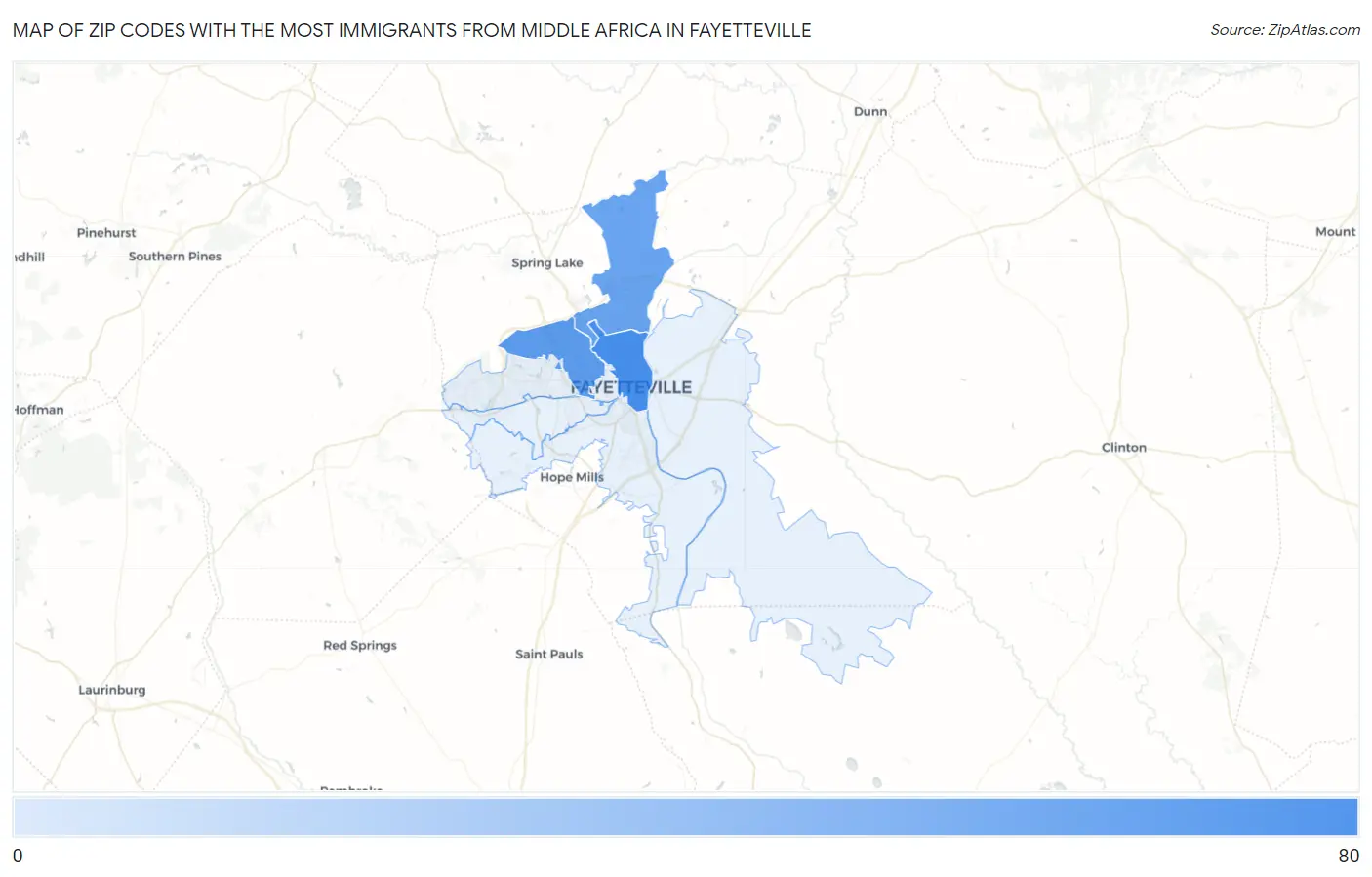 Zip Codes with the Most Immigrants from Middle Africa in Fayetteville Map
