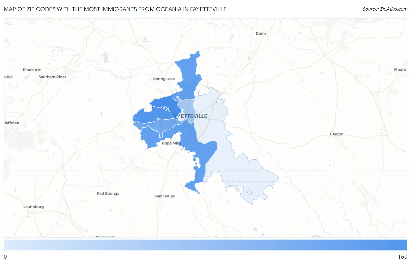 Zip Codes with the Most Immigrants from Oceania in Fayetteville Map