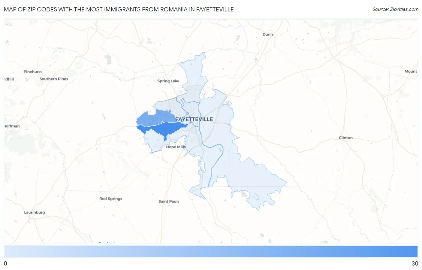 Zip Codes with the Most Immigrants from Romania in Fayetteville Map