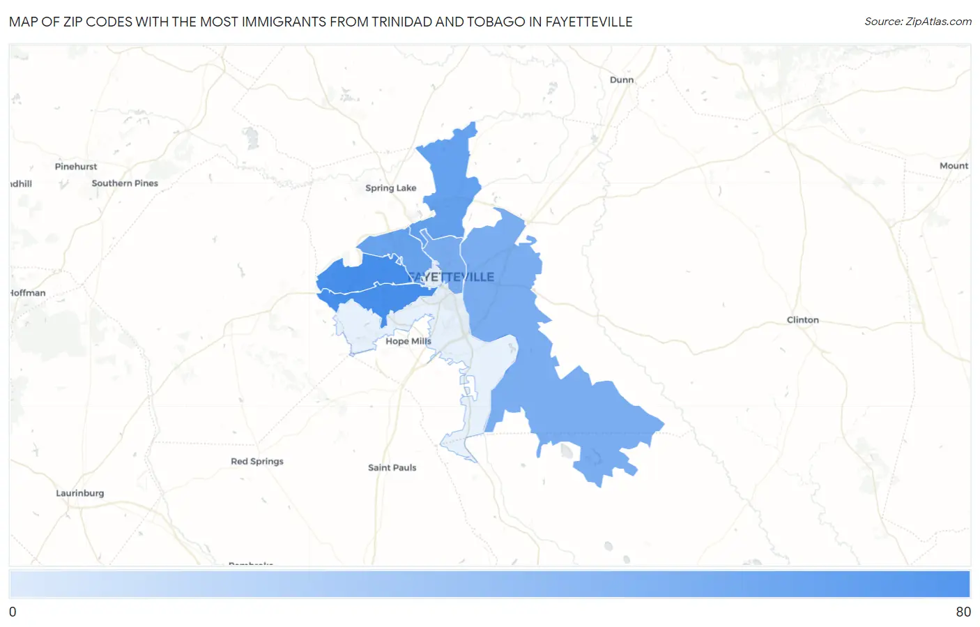 Zip Codes with the Most Immigrants from Trinidad and Tobago in Fayetteville Map