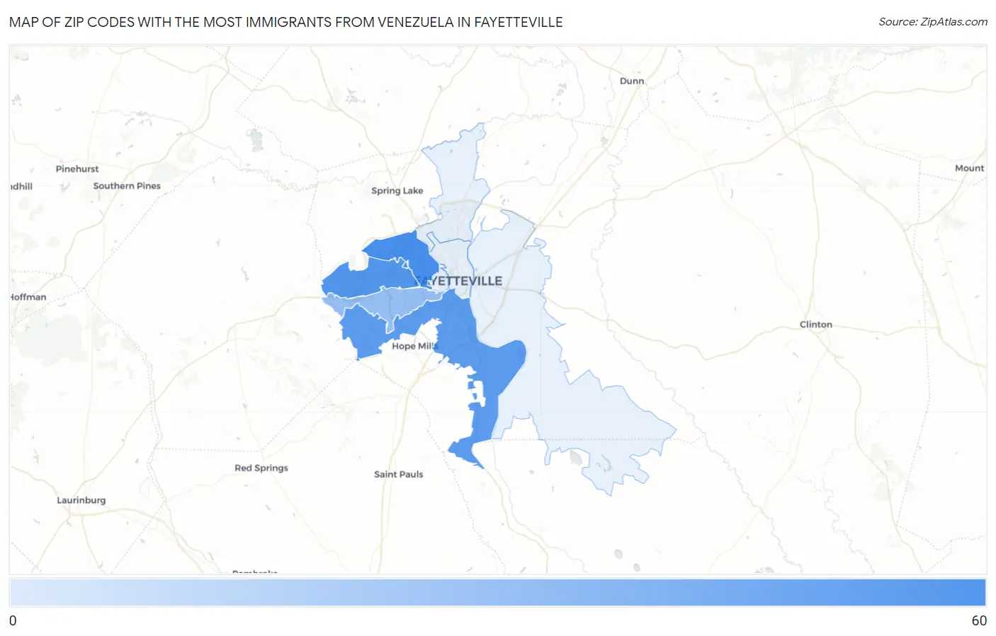 Zip Codes with the Most Immigrants from Venezuela in Fayetteville Map