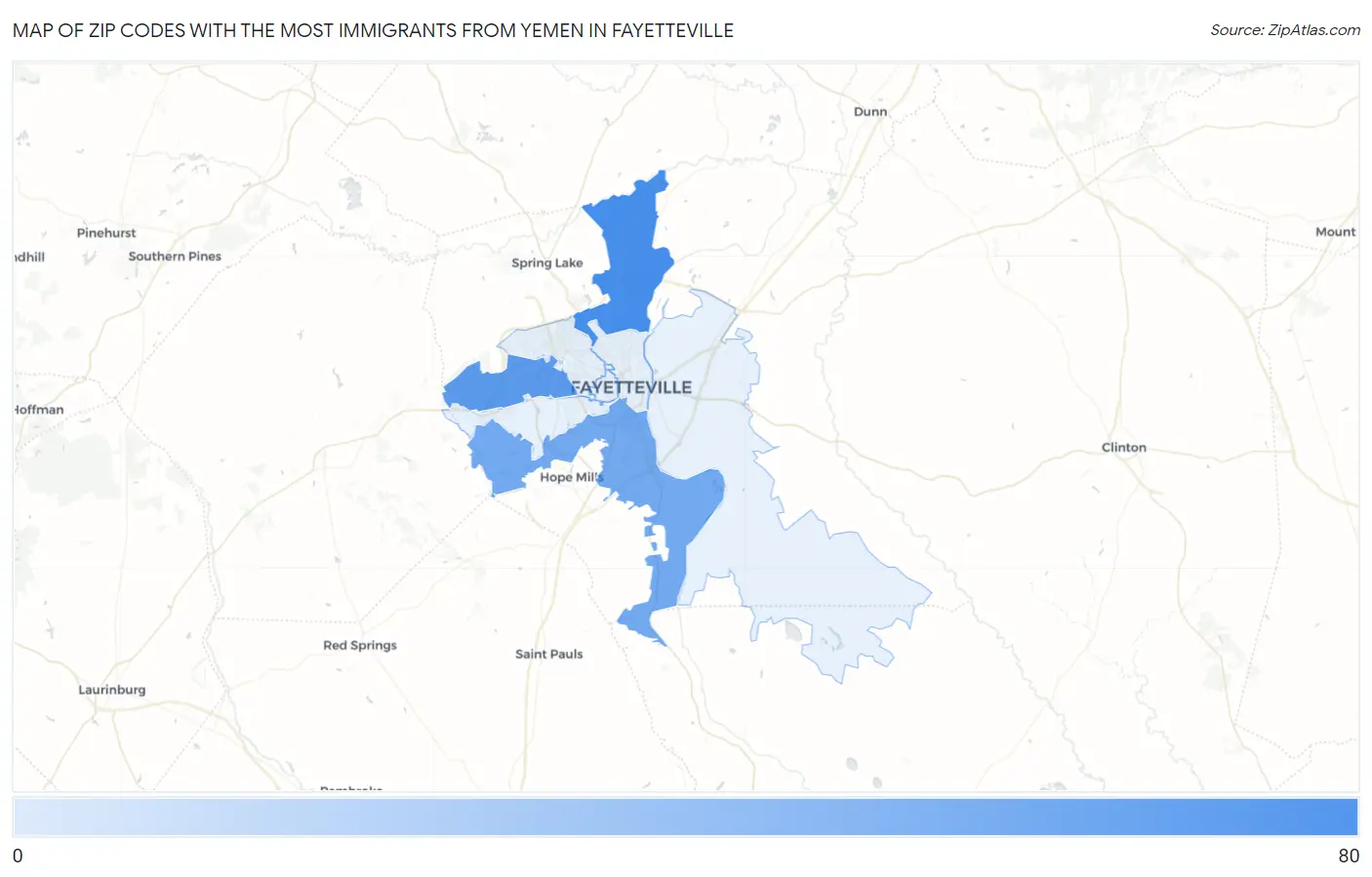 Zip Codes with the Most Immigrants from Yemen in Fayetteville Map