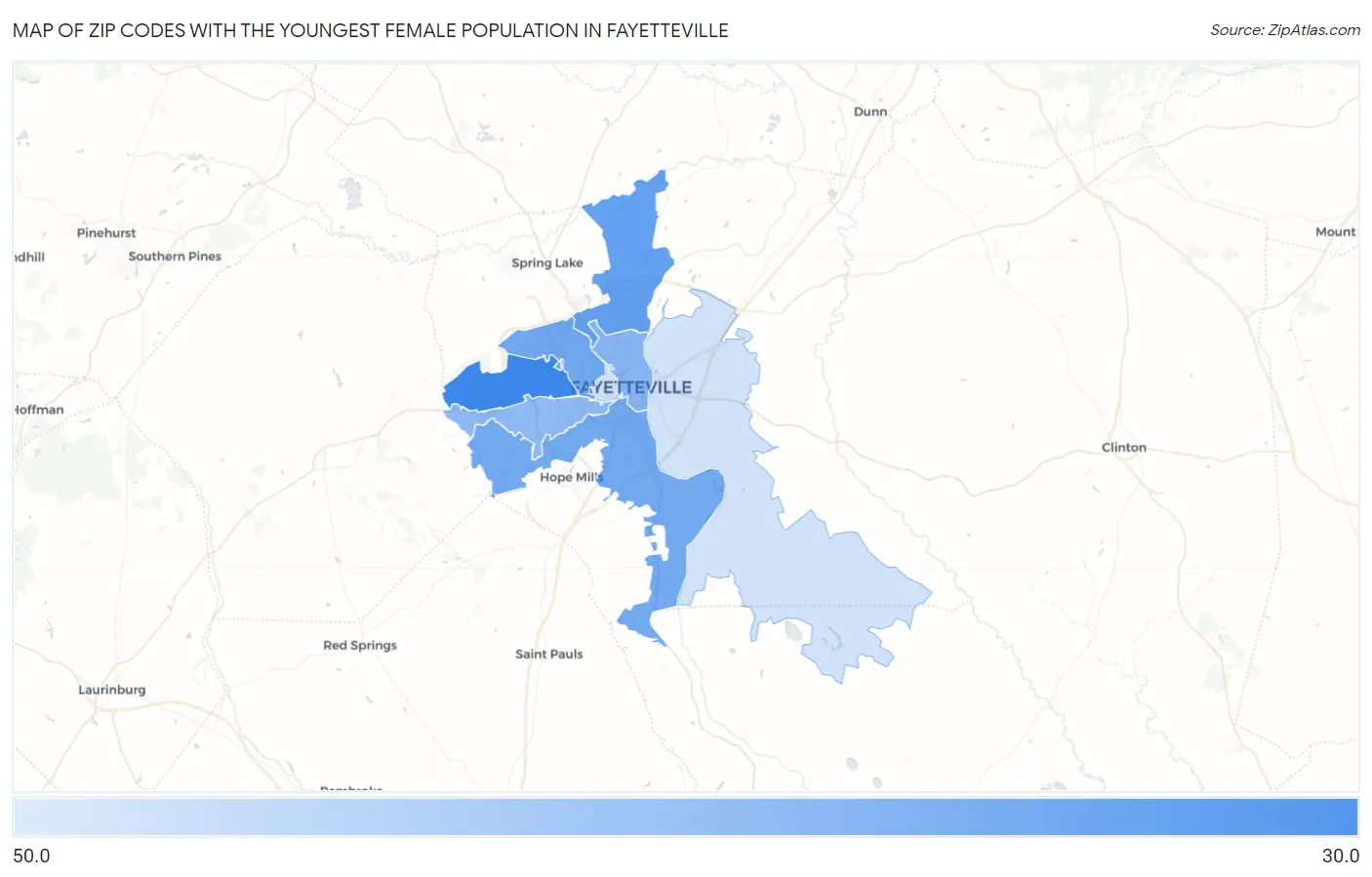 Zip Codes with the Youngest Female Population in Fayetteville Map