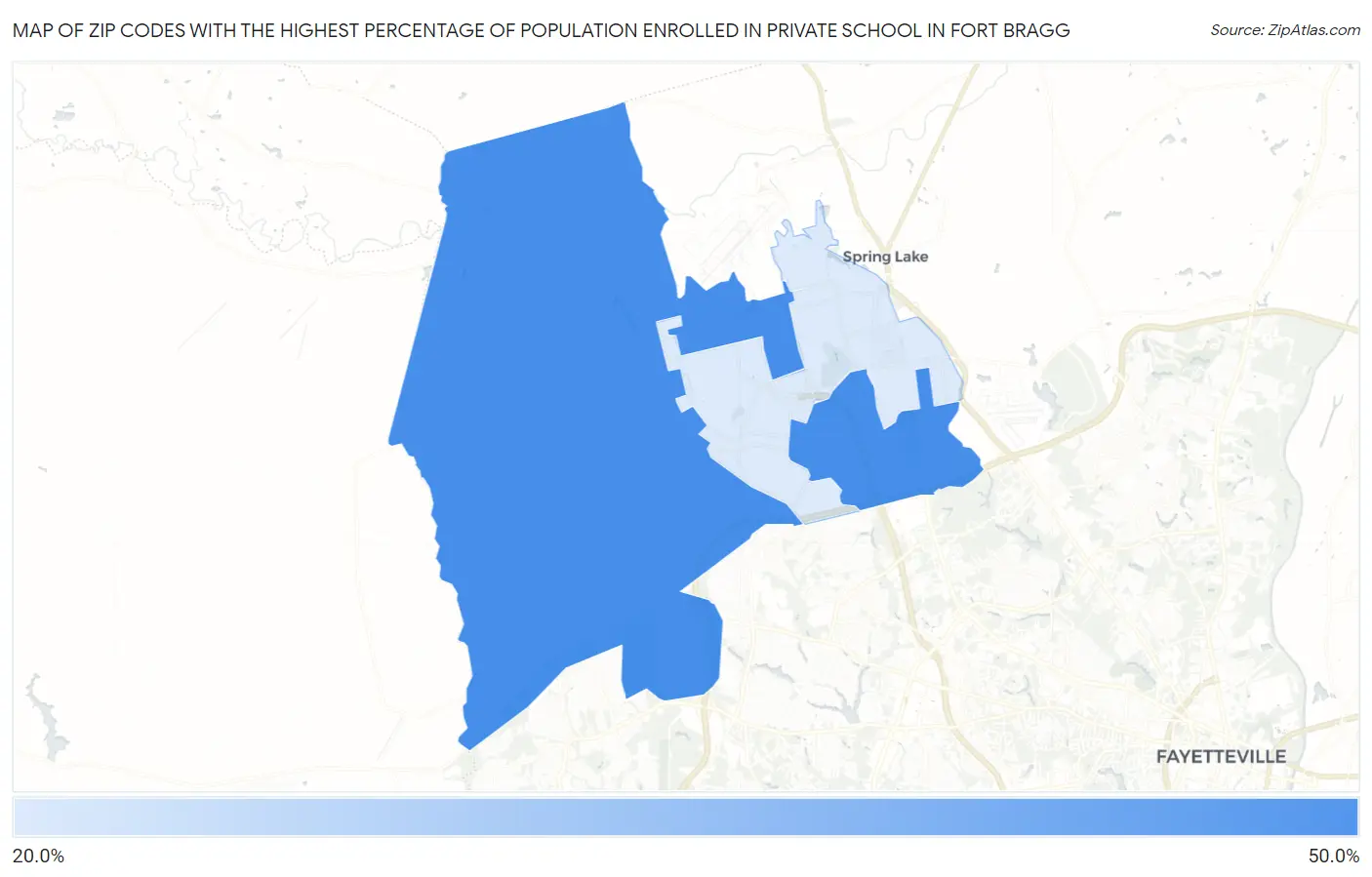 Zip Codes with the Highest Percentage of Population Enrolled in Private School in Fort Bragg Map